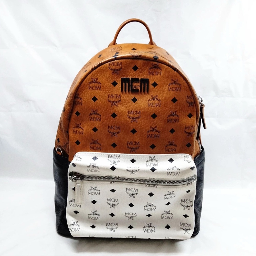 Authentic MCM BackPack Bag  Black Tan White leather pvc